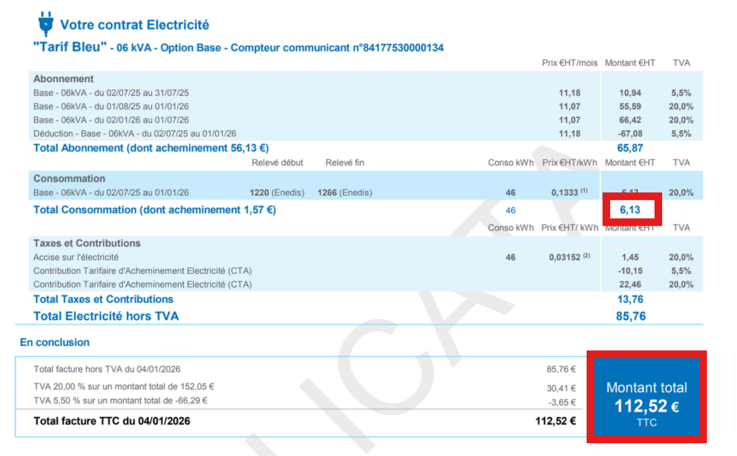 Pour une consommation EDF de 6,13 euros, la facture est au 4 janvier 2026 de 112,52 €.