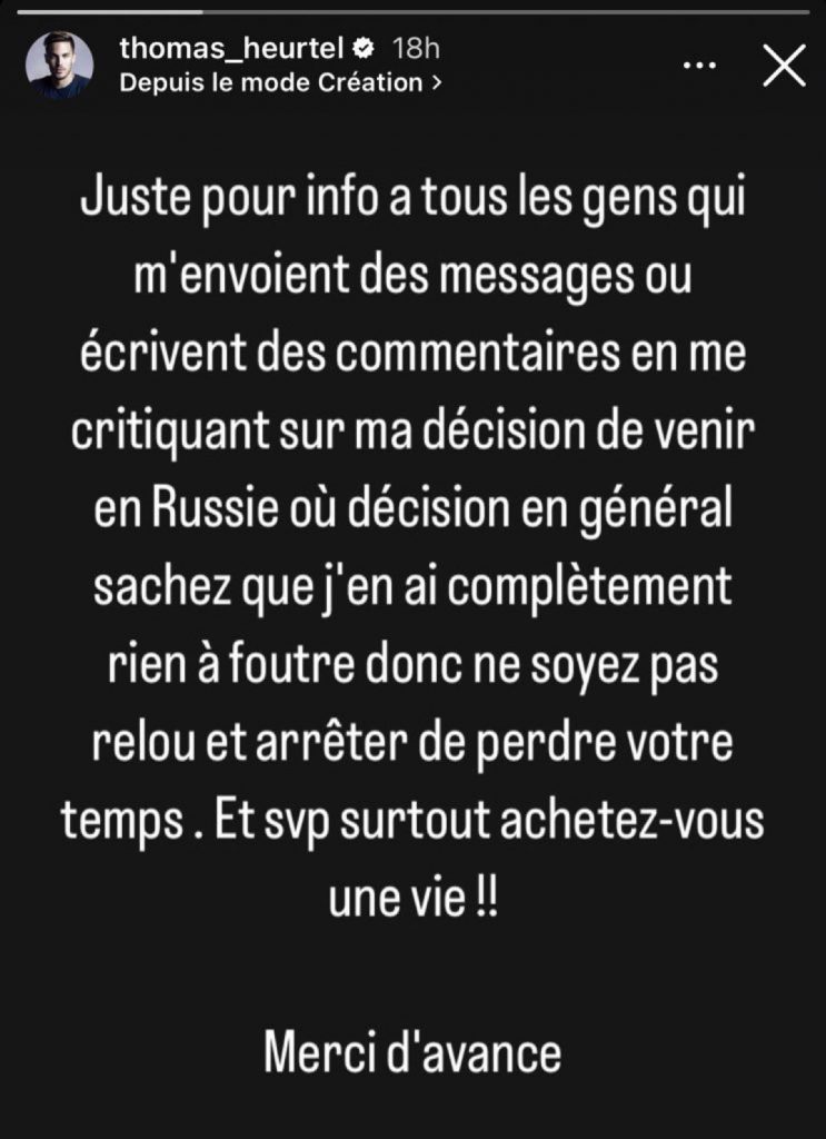 Story de Thomas Heurtel sur Instagram publiée le lundi 10 octobre 2022.