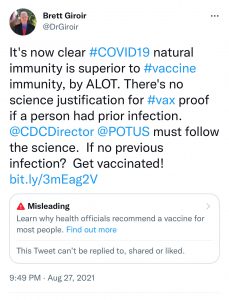 Tweet du Dr Brett Giroir concernant l'immunité naturelle.