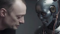 Un homme pleure face à un robot qui rigole. Crédit : Midjourney