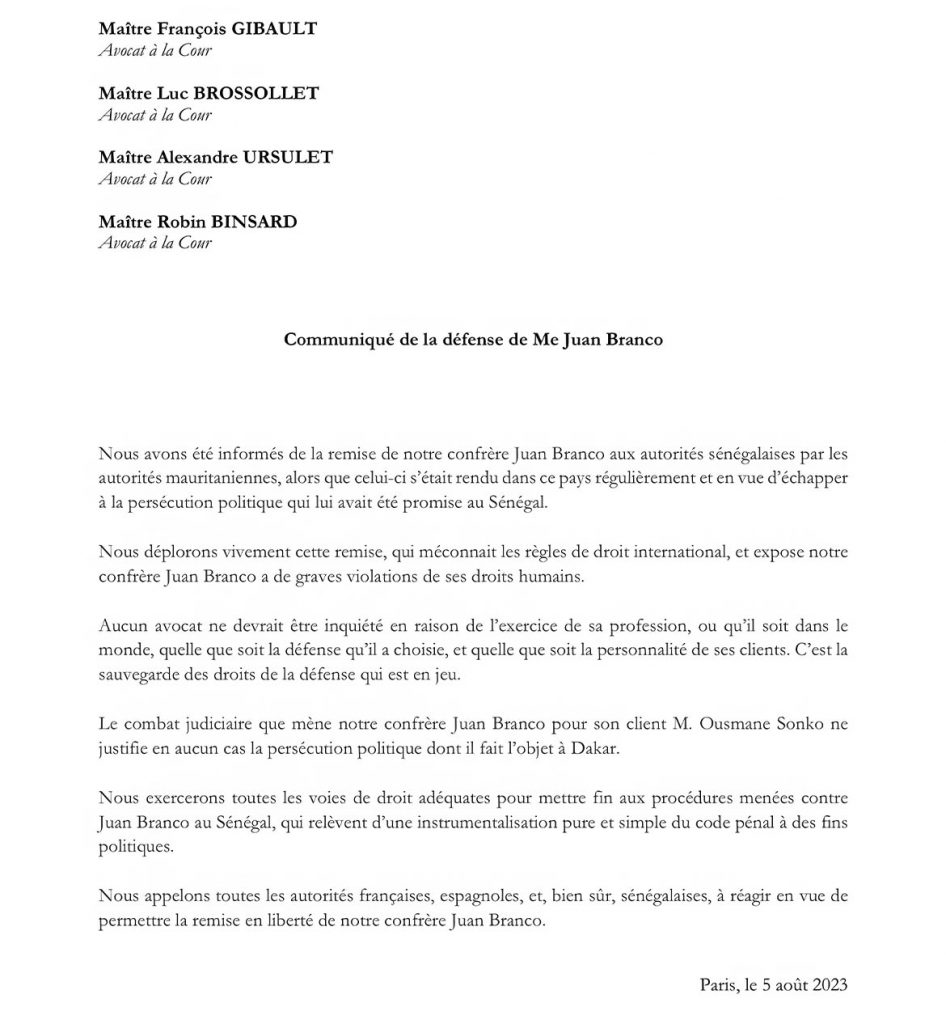 Communiqué de la défense de l'avocat Juan Branco